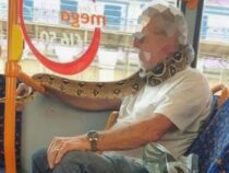 В автобусе заметили мужчину, который вместо маски рот прикрыл змеей