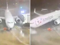 В США ураган сдвинул с места самолет